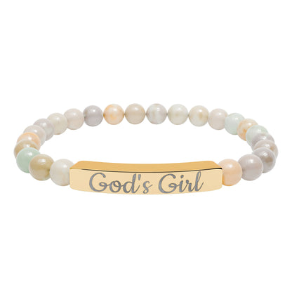 "God's Girl" - Engraved Natural Stone Stretch Bar Bracelet