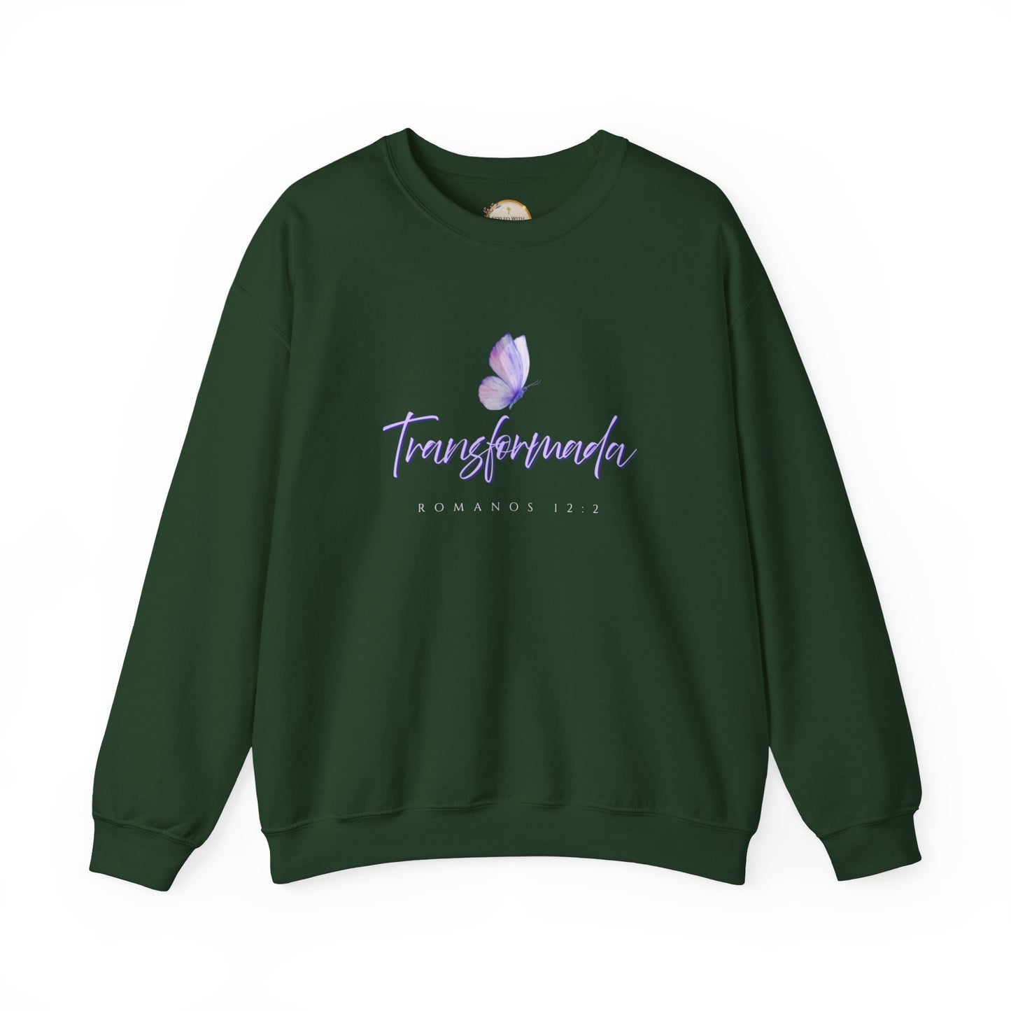 "Transformada" Crewneck Sweatshirt — Purple Butterfly Christian Scripture (Romanos 12:2)