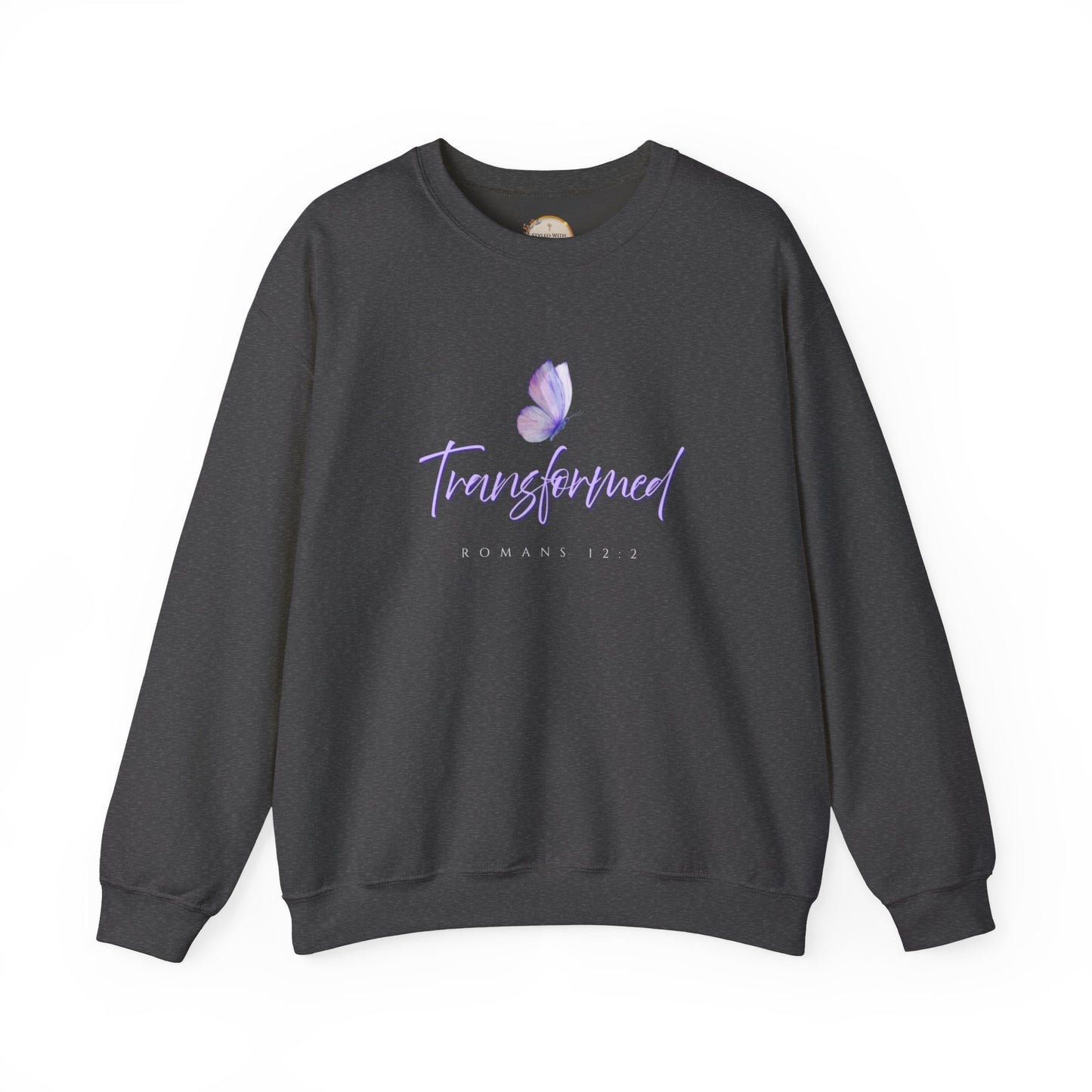 Transformed Butterfly Sweatshirt — Romans 12:2 Christian Crewneck