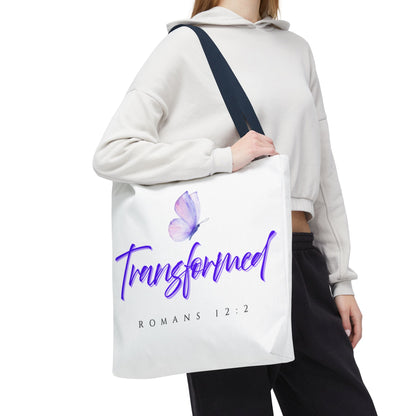 Transformed  Tote Bag - Inspirational Gift, AOP Design, Motivational Tote, Everyday Use, Romans 12:2