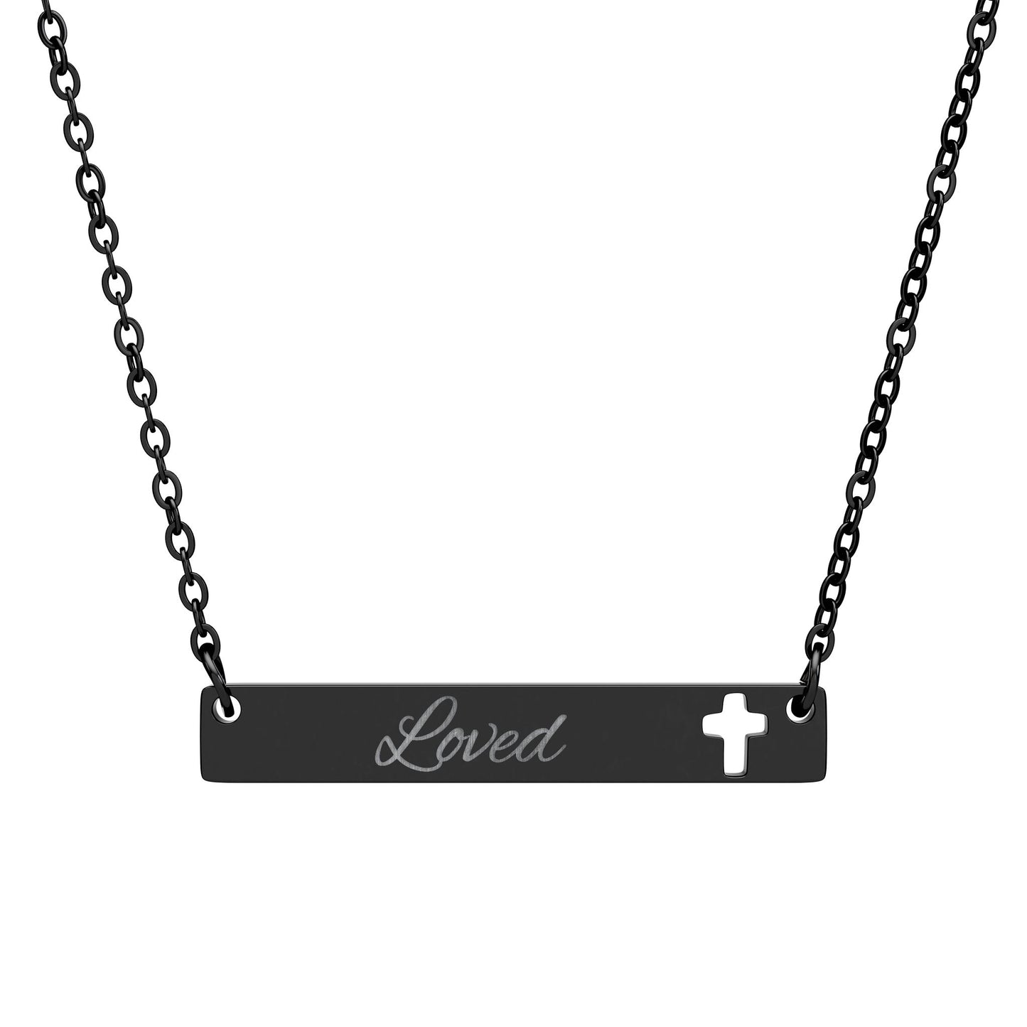 "Loved" Cutout Cross Bar Necklace — Engraved Christian Pendant