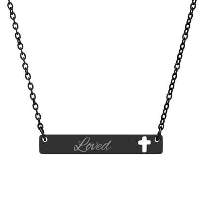"Loved" Cutout Cross Bar Necklace — Engraved Christian Pendant