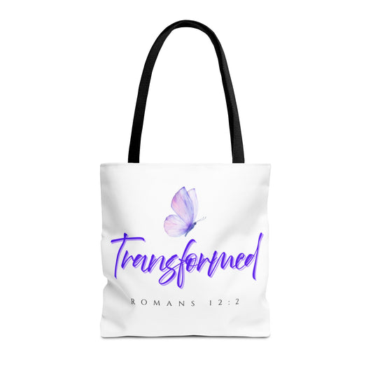 Transformed  Tote Bag - Inspirational Gift, AOP Design, Motivational Tote, Everyday Use, Romans 12:2