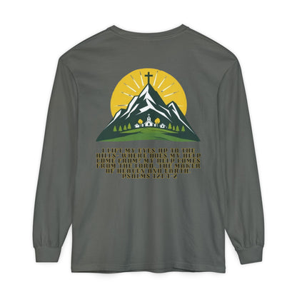 Psalms 121:1-2 Spiritual Long Sleeve T-Shirt, Christian Apparel, Faith-Based Gift, Outdoor Style, Inspirational Everyday Wear