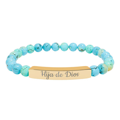 "Hija de Dios" Engraved Natural Stone Bar Bracelet — Personalized Stretch Beaded Bracelet
