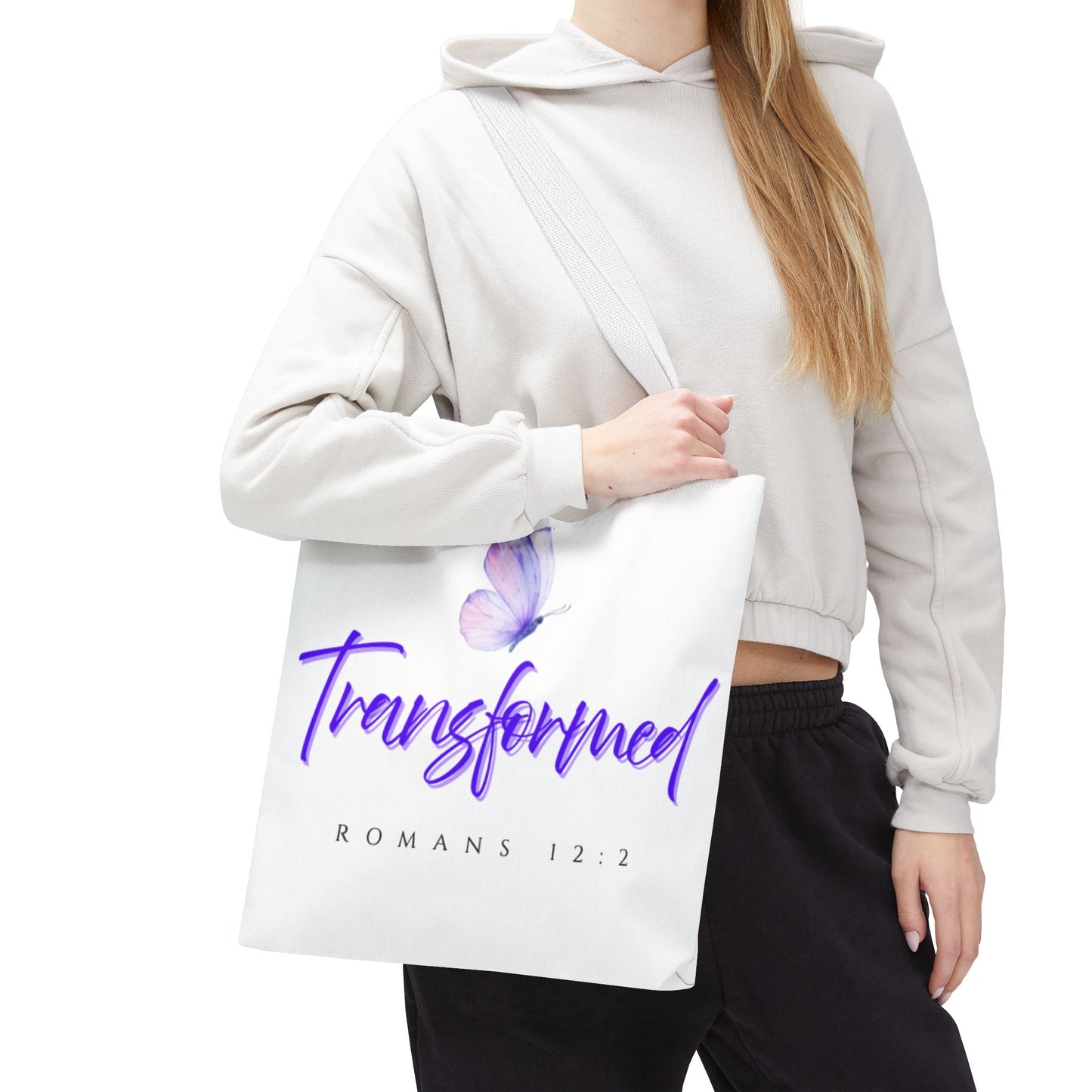 Transformed  Tote Bag - Inspirational Gift, AOP Design, Motivational Tote, Everyday Use, Romans 12:2