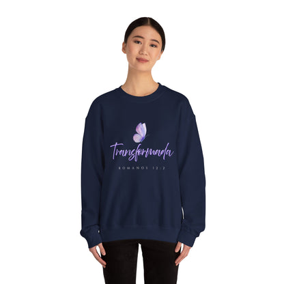 "Transformada" Crewneck Sweatshirt — Purple Butterfly Christian Scripture (Romanos 12:2)