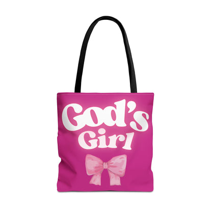 Cute Pink Tote Bag for God's Girl, Chic Shopper Bag, Inspirational Gift, Women’s Fashion Accessory, Beach Tote, Pink Bow Design