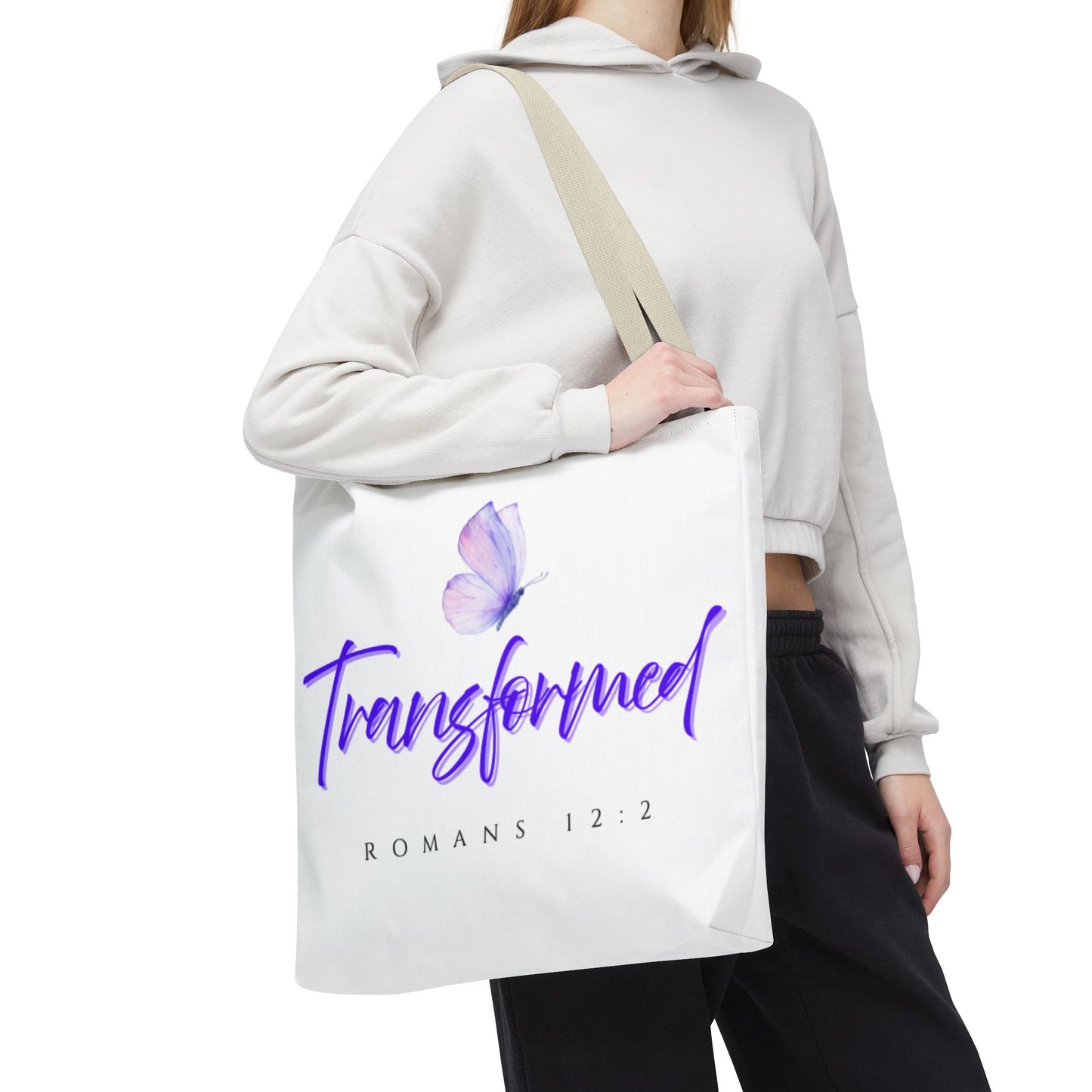 Transformed  Tote Bag - Inspirational Gift, AOP Design, Motivational Tote, Everyday Use, Romans 12:2