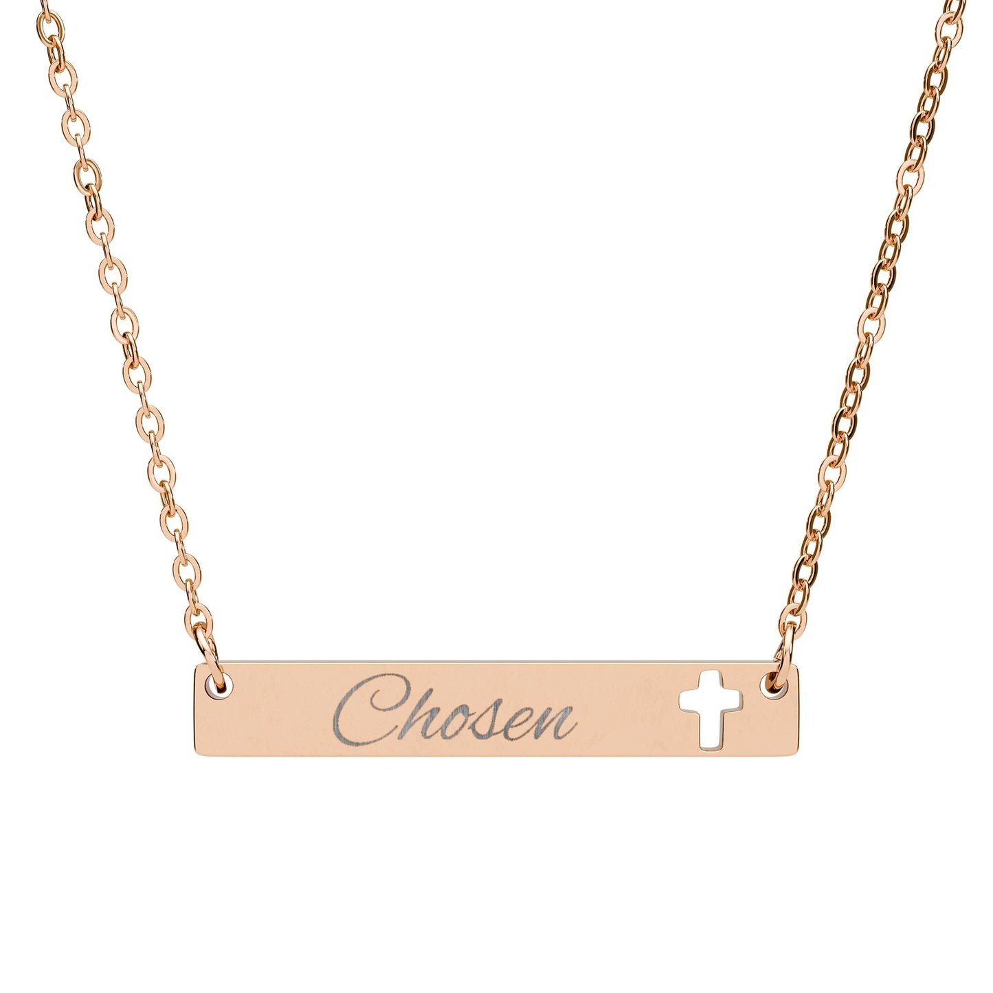 "Chosen" Cutout Cross Bar Necklace — Engraved Christian Pendant