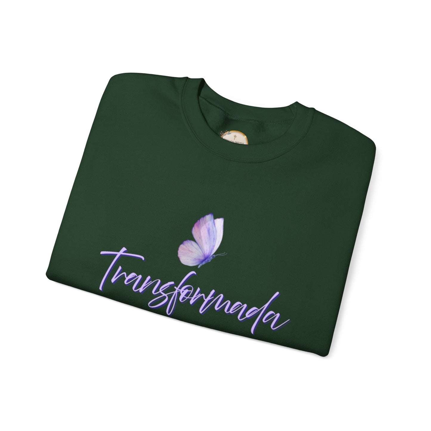 "Transformada" Crewneck Sweatshirt — Purple Butterfly Christian Scripture (Romanos 12:2)
