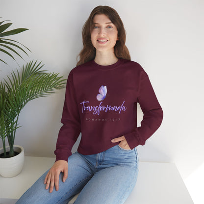 "Transformada" Crewneck Sweatshirt — Purple Butterfly Christian Scripture (Romanos 12:2)
