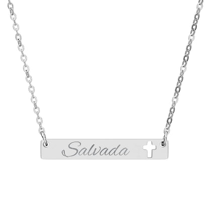 "Salvada" Engravable Cutout Cross Bar Necklace – Personalized Scripture/Name Pendant