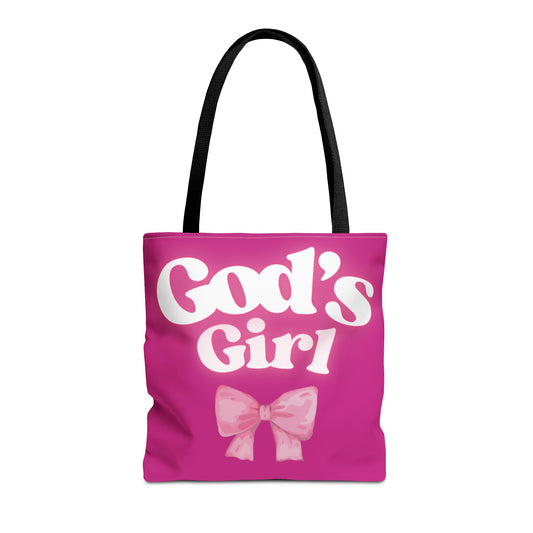 Cute Pink Tote Bag for God's Girl, Chic Shopper Bag, Inspirational Gift, Women’s Fashion Accessory, Beach Tote, Pink Bow Design