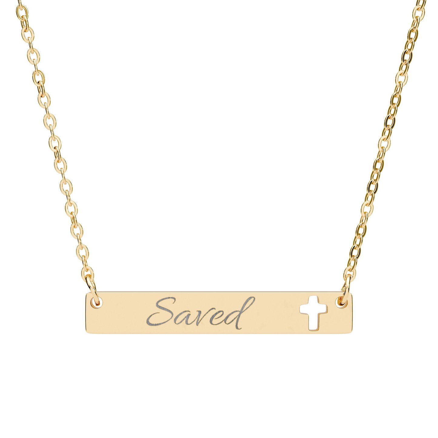 "Saved" — Engravable Cutout Cross Bar Necklace Religious Pendant