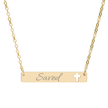 "Saved" — Engravable Cutout Cross Bar Necklace Religious Pendant