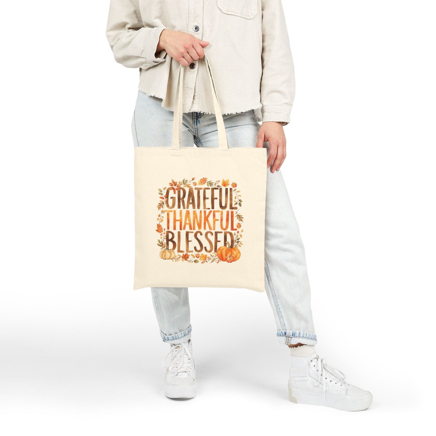 Tote Bag — Grateful Thankful Blessed Canvas Tote for Thanksgiving