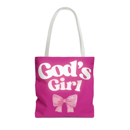 Cute Pink Tote Bag for God's Girl, Chic Shopper Bag, Inspirational Gift, Women’s Fashion Accessory, Beach Tote, Pink Bow Design