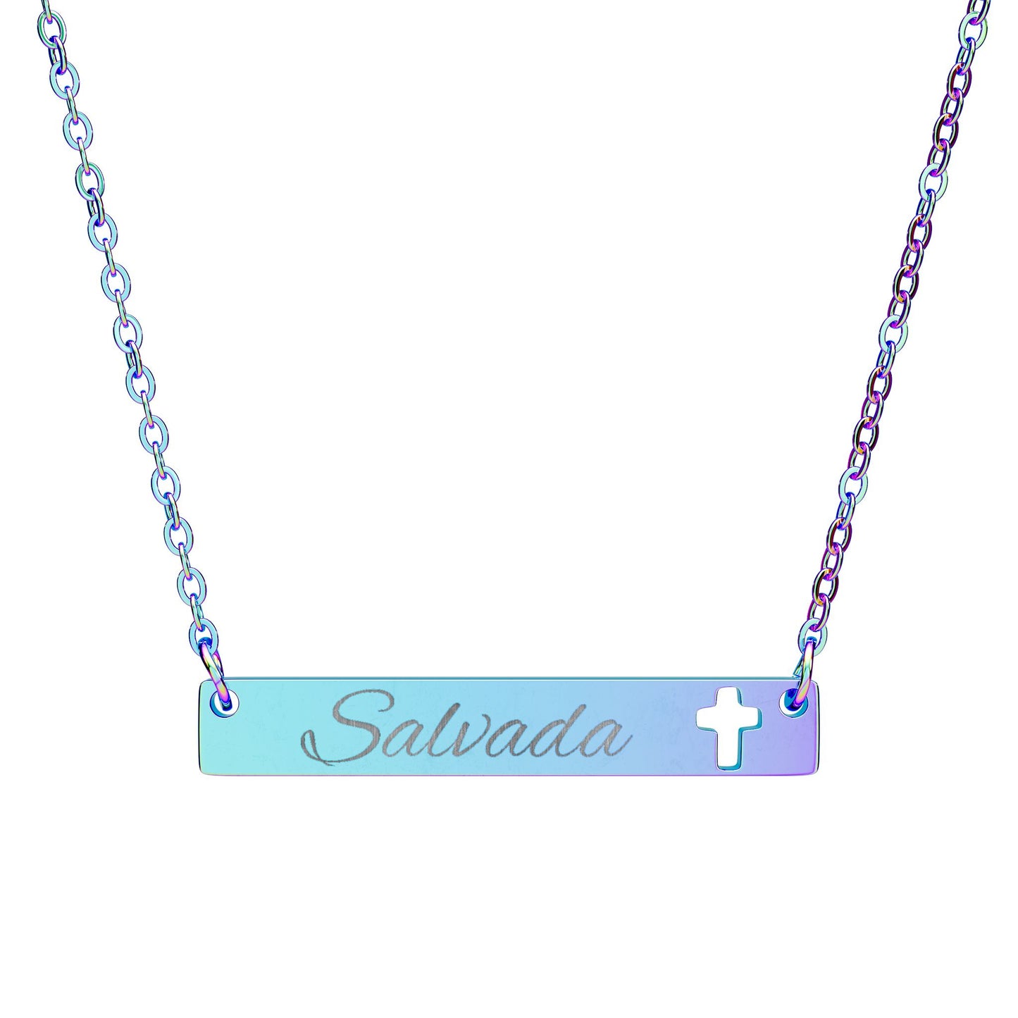 "Salvada" Engravable Cutout Cross Bar Necklace – Personalized Scripture/Name Pendant