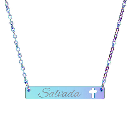 "Salvada" Engravable Cutout Cross Bar Necklace – Personalized Scripture/Name Pendant