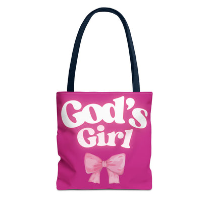 Cute Pink Tote Bag for God's Girl, Chic Shopper Bag, Inspirational Gift, Women’s Fashion Accessory, Beach Tote, Pink Bow Design