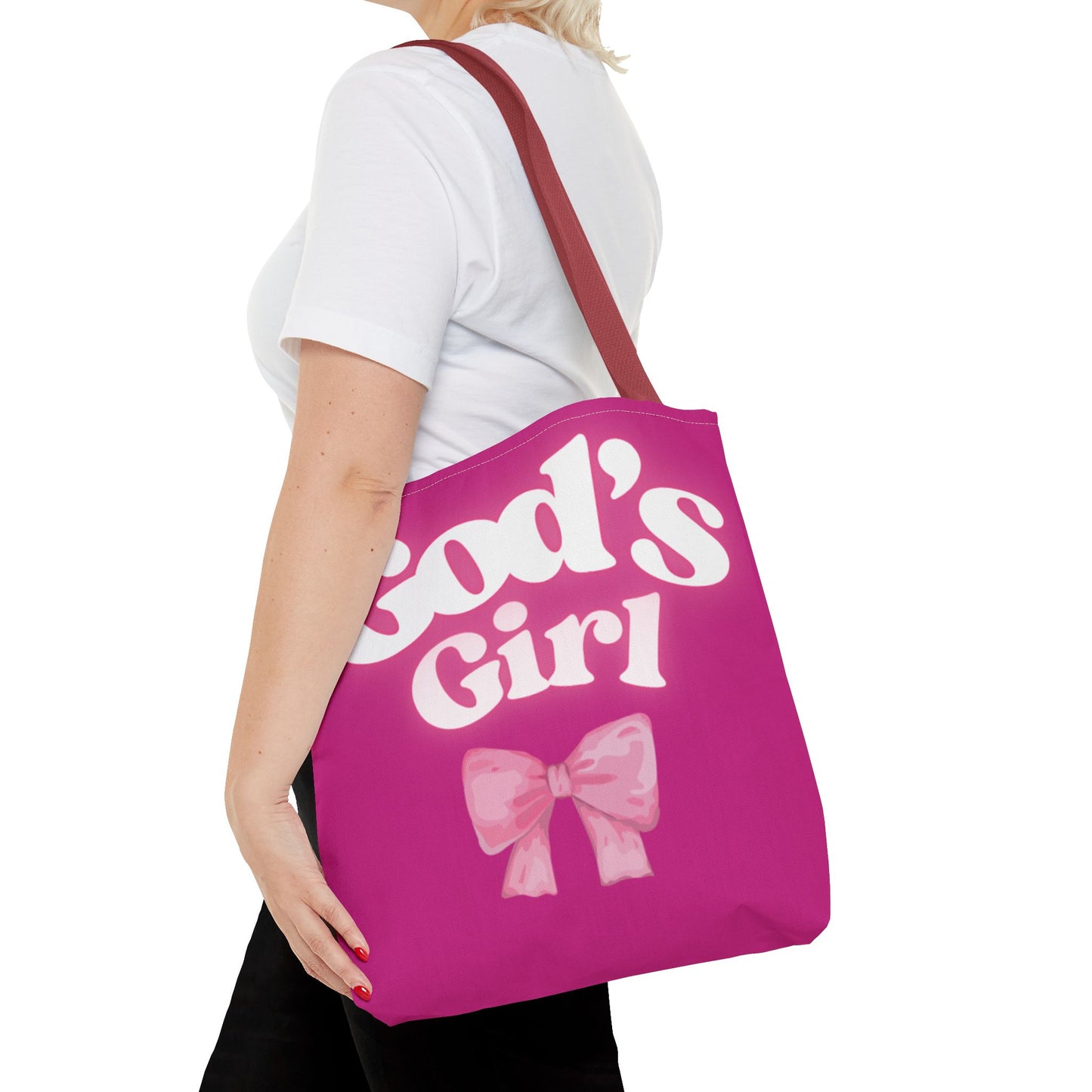 Cute Pink Tote Bag for God's Girl, Chic Shopper Bag, Inspirational Gift, Women’s Fashion Accessory, Beach Tote, Pink Bow Design
