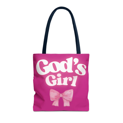 Cute Pink Tote Bag for God's Girl, Chic Shopper Bag, Inspirational Gift, Women’s Fashion Accessory, Beach Tote, Pink Bow Design