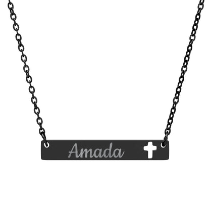 "Amada" Engravable Cutout Cross Bar Necklace — Personalized Name Plate Pendant