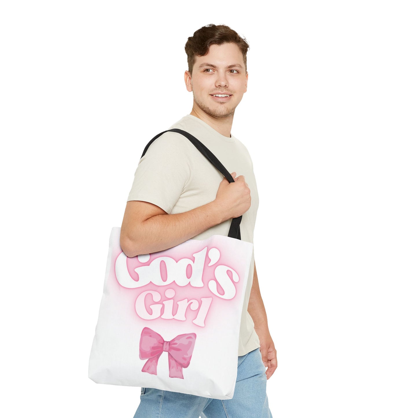 God's Girl Cute Pink Tote Bag, Chic Shopper Bag, Inspirational Gift, Women’s Fashion Accessory, Beach Tote, Pink Bow Design