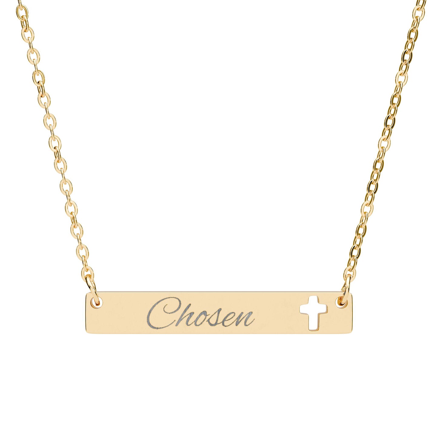 "Chosen" Cutout Cross Bar Necklace — Engraved Christian Pendant