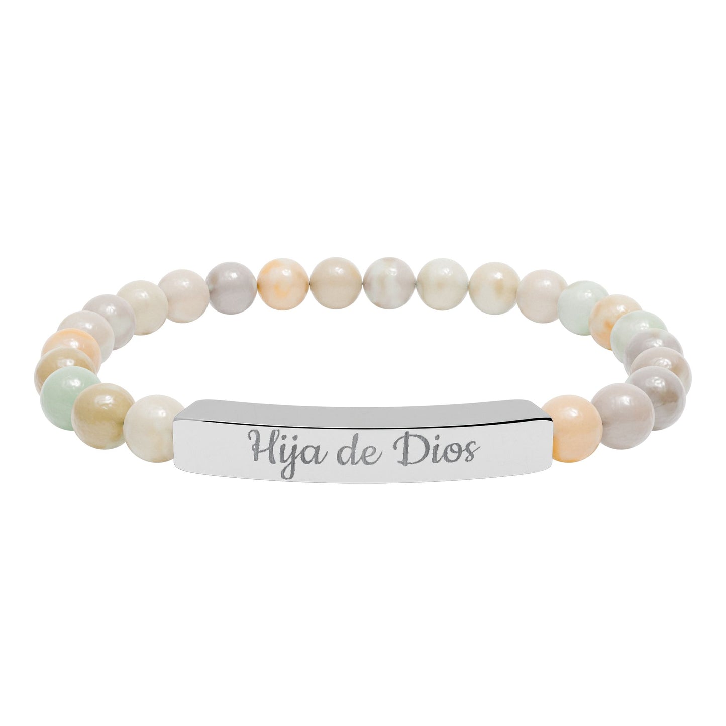 "Hija de Dios" Engraved Natural Stone Bar Bracelet — Personalized Stretch Beaded Bracelet