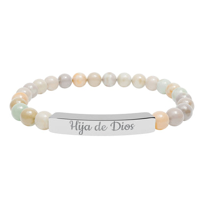 "Hija de Dios" Engraved Natural Stone Bar Bracelet — Personalized Stretch Beaded Bracelet
