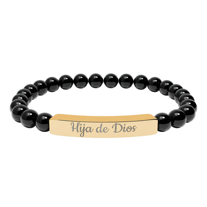 "Hija de Dios" Engraved Natural Stone Bar Bracelet — Personalized Stretch Beaded Bracelet