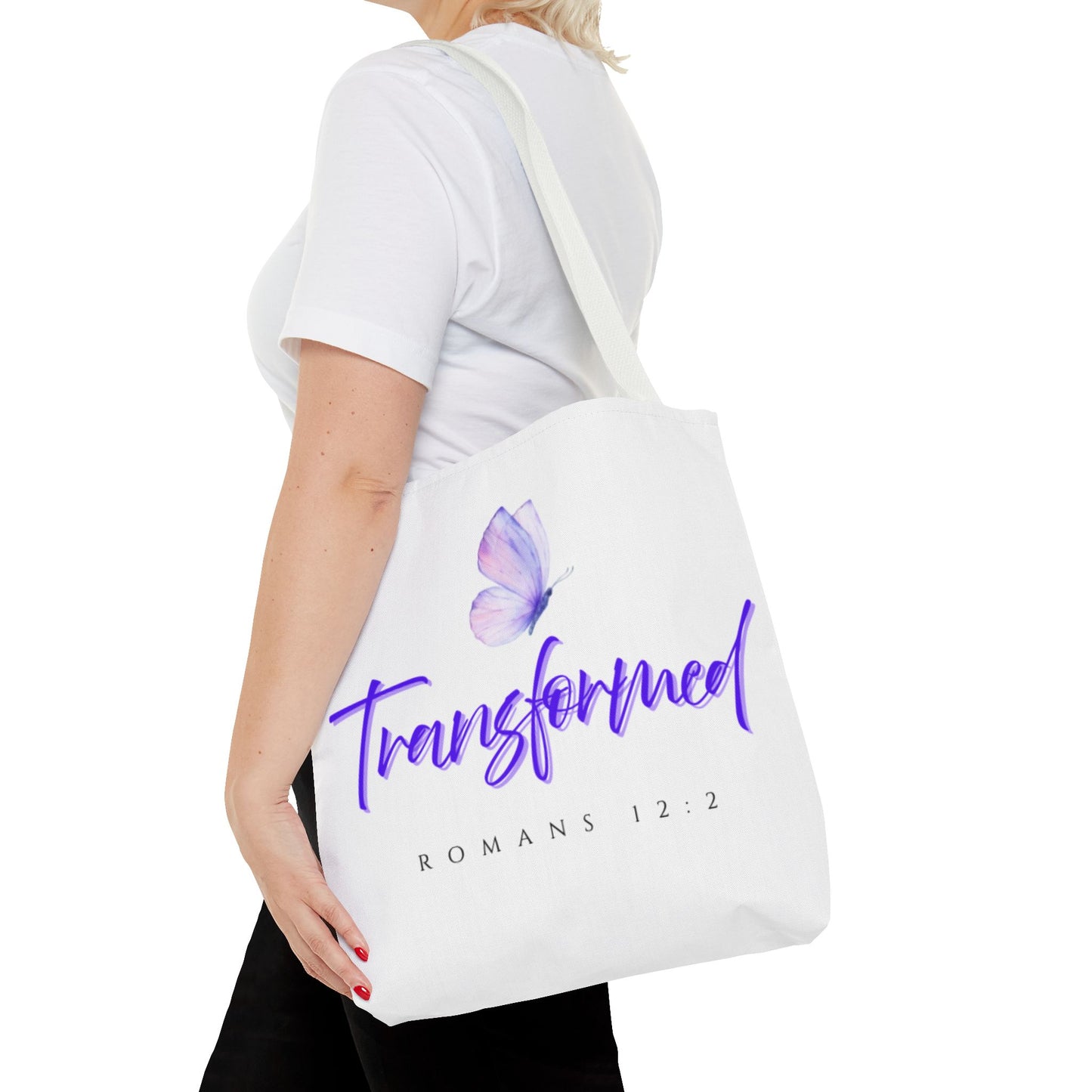Transformed  Tote Bag - Inspirational Gift, AOP Design, Motivational Tote, Everyday Use, Romans 12:2