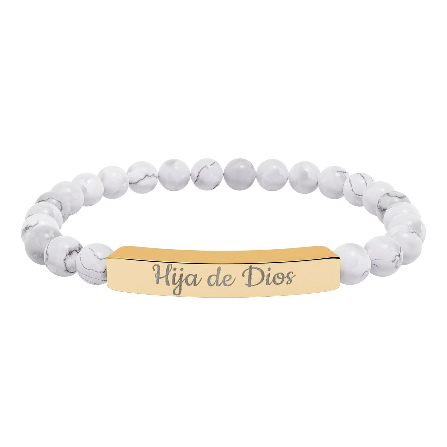 "Hija de Dios" Engraved Natural Stone Bar Bracelet — Personalized Stretch Beaded Bracelet