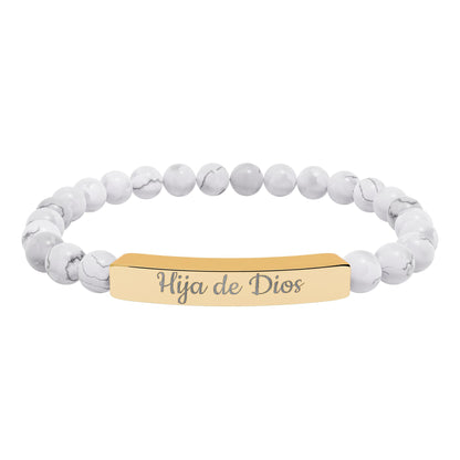 "Hija de Dios" Engraved Natural Stone Bar Bracelet — Personalized Stretch Beaded Bracelet