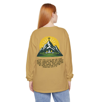 Psalms 121:1-2 Spiritual Long Sleeve T-Shirt, Christian Apparel, Faith-Based Gift, Outdoor Style, Inspirational Everyday Wear