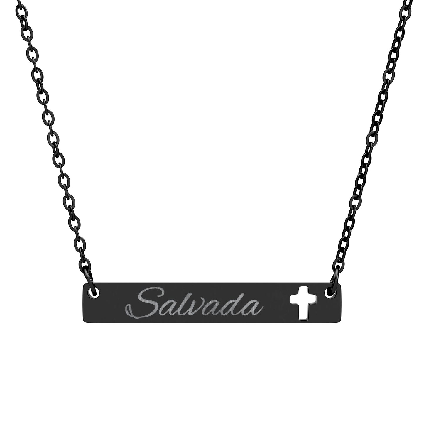 "Salvada" Engravable Cutout Cross Bar Necklace – Personalized Scripture/Name Pendant