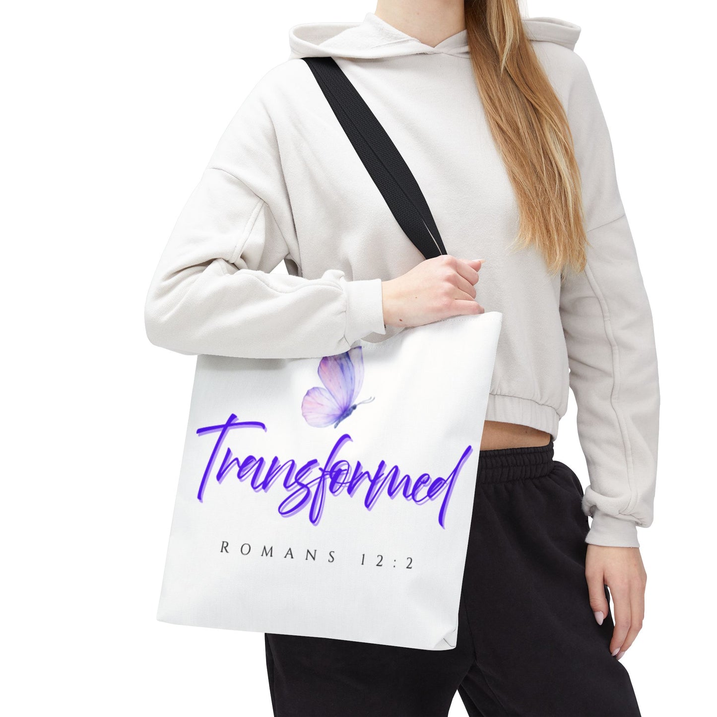 Transformed  Tote Bag - Inspirational Gift, AOP Design, Motivational Tote, Everyday Use, Romans 12:2