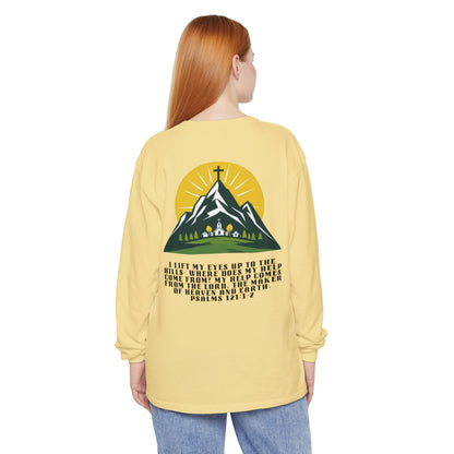Psalms 121:1-2 Spiritual Long Sleeve T-Shirt, Christian Apparel, Faith-Based Gift, Outdoor Style, Inspirational Everyday Wear