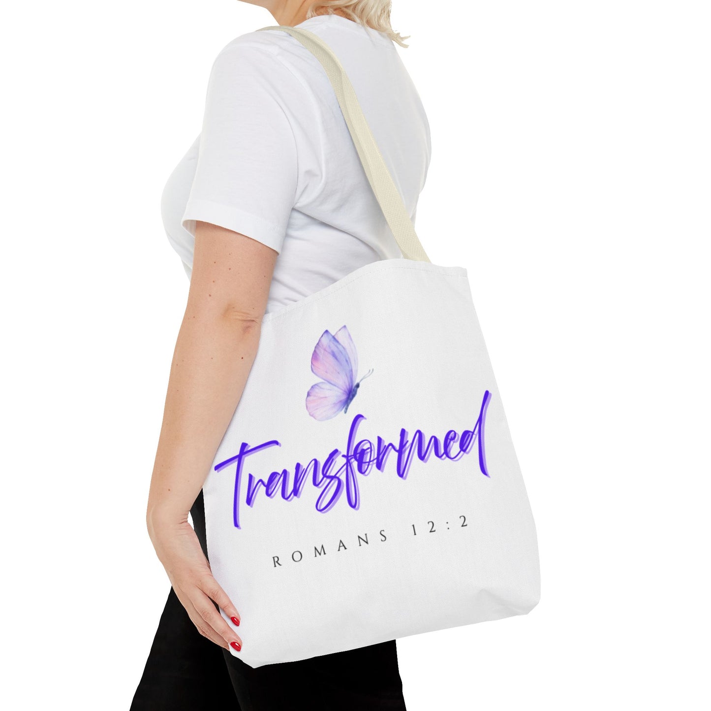 Transformed  Tote Bag - Inspirational Gift, AOP Design, Motivational Tote, Everyday Use, Romans 12:2