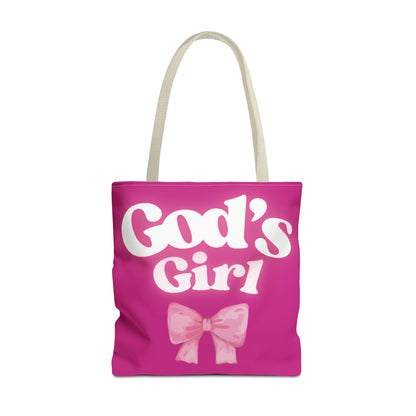 Cute Pink Tote Bag for God's Girl, Chic Shopper Bag, Inspirational Gift, Women’s Fashion Accessory, Beach Tote, Pink Bow Design