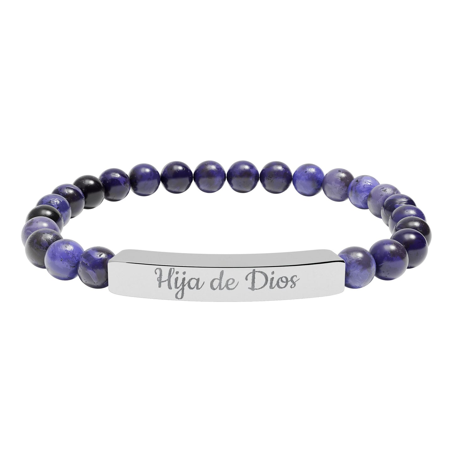 "Hija de Dios" Engraved Natural Stone Bar Bracelet — Personalized Stretch Beaded Bracelet