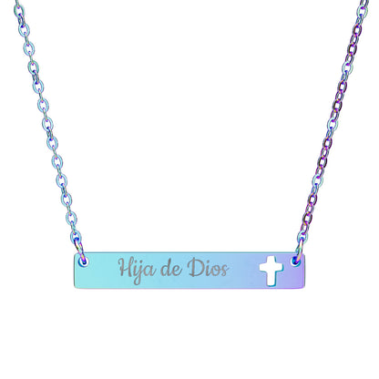 "Hija de Dios" Cutout Cross Bar Necklace — Engraved Pendant