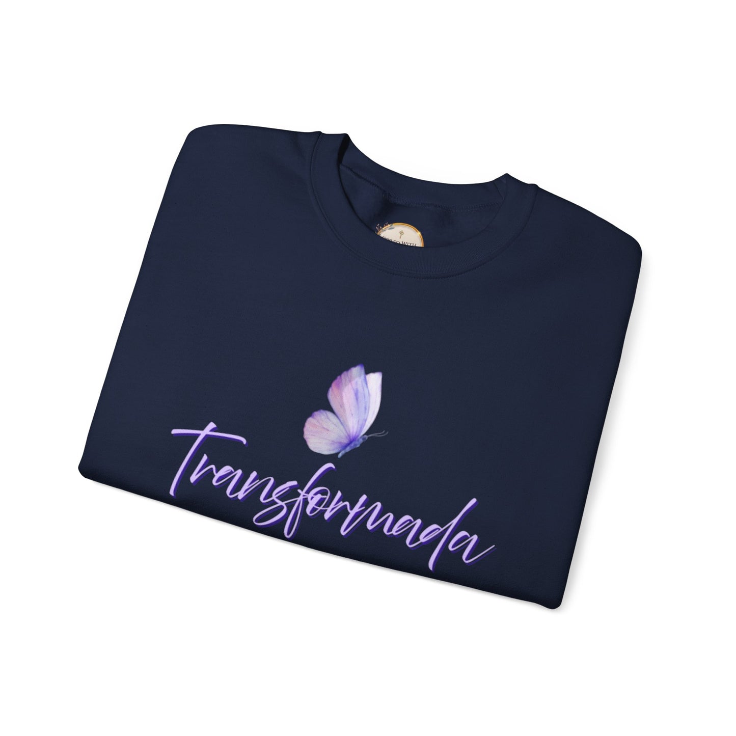 "Transformada" Crewneck Sweatshirt — Purple Butterfly Christian Scripture (Romanos 12:2)