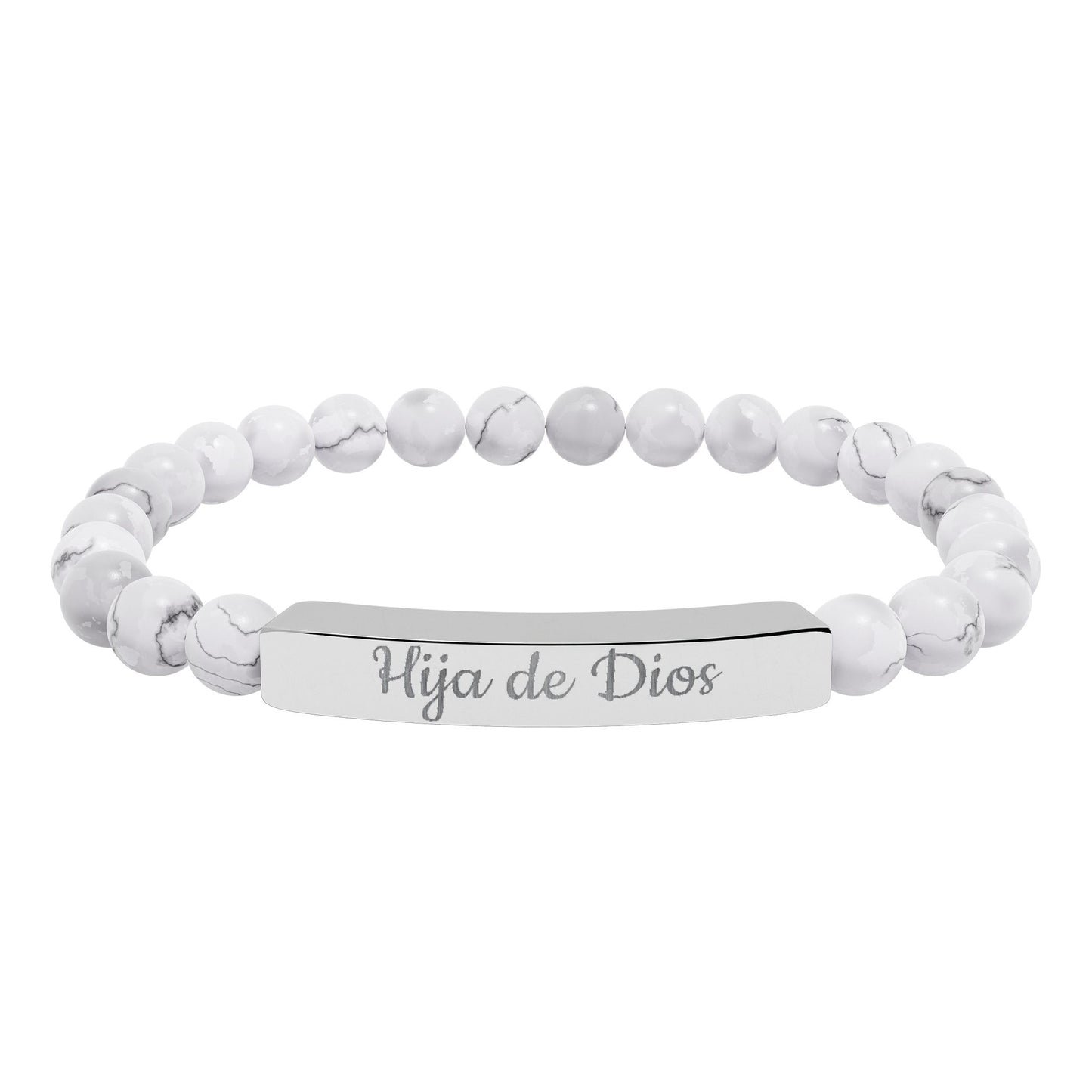 "Hija de Dios" Engraved Natural Stone Bar Bracelet — Personalized Stretch Beaded Bracelet