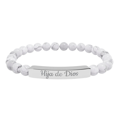 "Hija de Dios" Engraved Natural Stone Bar Bracelet — Personalized Stretch Beaded Bracelet