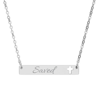 "Saved" — Engravable Cutout Cross Bar Necklace Religious Pendant