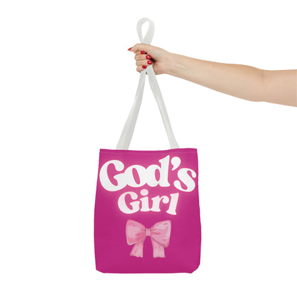Cute Pink Tote Bag for God's Girl, Chic Shopper Bag, Inspirational Gift, Women’s Fashion Accessory, Beach Tote, Pink Bow Design