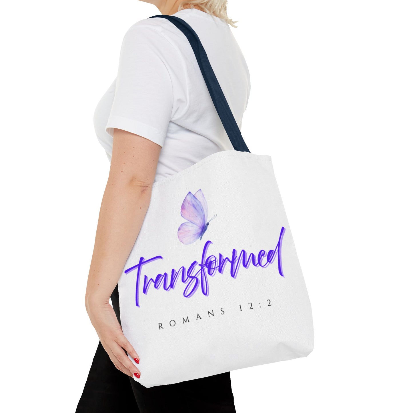 Transformed  Tote Bag - Inspirational Gift, AOP Design, Motivational Tote, Everyday Use, Romans 12:2